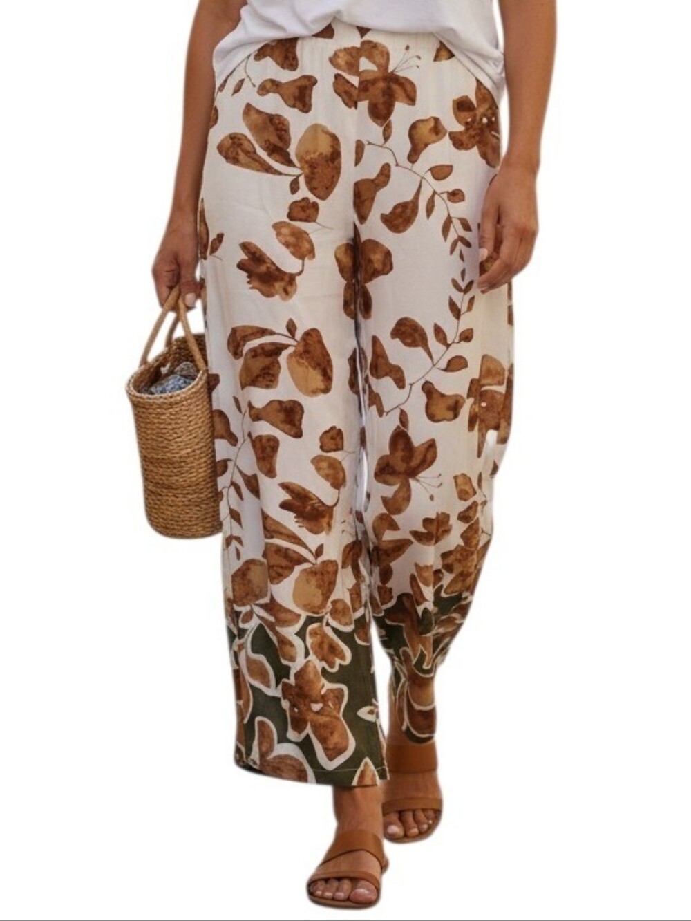 Lulumari Floral Wide Leg Pants In Cream, Brown, and Green Size XL NWOT'S